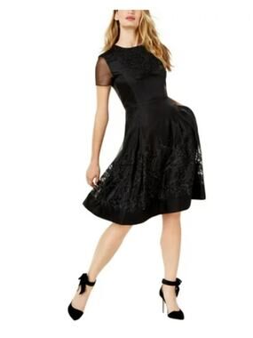 Sachin & Babi Black Cocktail Dress Beaded Chiffon Knee Length Fit & Flare Size 8